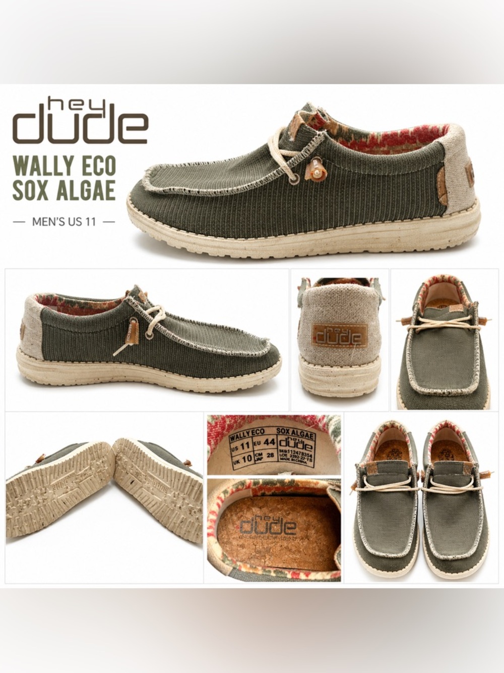 Hey Dude Wally Eco Sox Algae Slip On Shoes Mens 11 Olive Green LightweightCasual